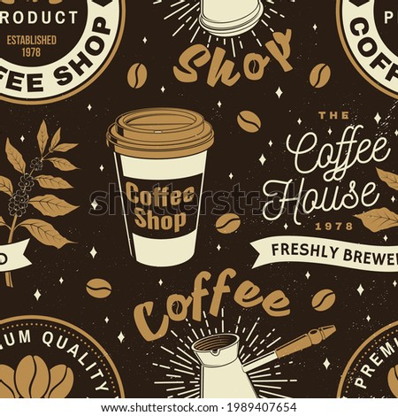 Set of Coffe shop seamless pattern or background. Vector Seamless scene with paper coffee cup, branch of coffee tree, grinder silhouette. Coffee shop background for wallpaper or wrapper.