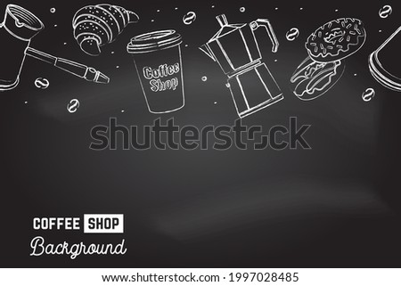 Seamless pattern for coffee shop, restaurant, cafe, bar. Cafe menu background. Vector. Coffee, croissant, cup, beans, grinder and grinder on the chalkboard