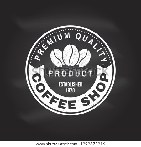 Coffe shop logo, badge template on the chalkboard. Vector. Typography design with coffee bean silhouette. Template for menu for restaurant, cafe, bar, packaging