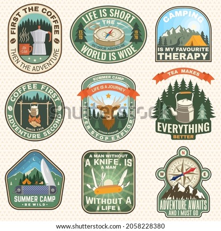 Set of Summer camp badges, patches. Vector illustration. Concept for shirt or logo, print, stamp, patch or tee. Design with campfire, knife, compass, tea, kettle, coffee mug and forest silhouette.