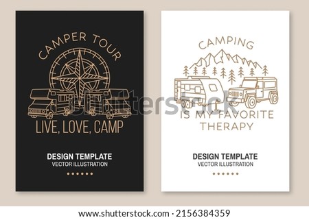 Camper tour. Live, love, camp. Camping quote. Vector. Concept for shirt or logo, print, stamp or tee. Set of Line art flyer, brochure, banner, poster with 3d camper van, wind rose, compass, off-road