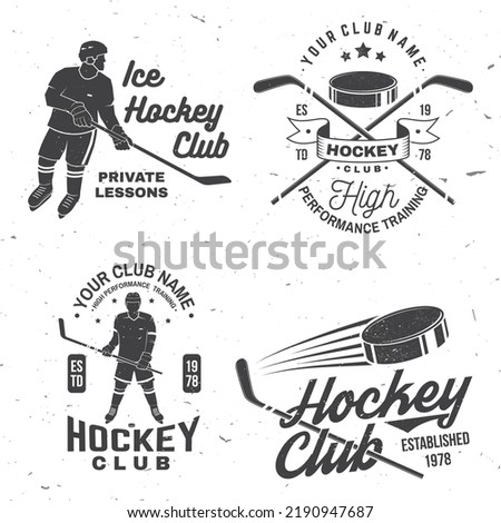 Ice Hockey club logo, badge design. Concept for shirt or logo, print, stamp or tee. Winter sport. Vintage typography design with player, sticker, puck and skates silhouette. Vector.