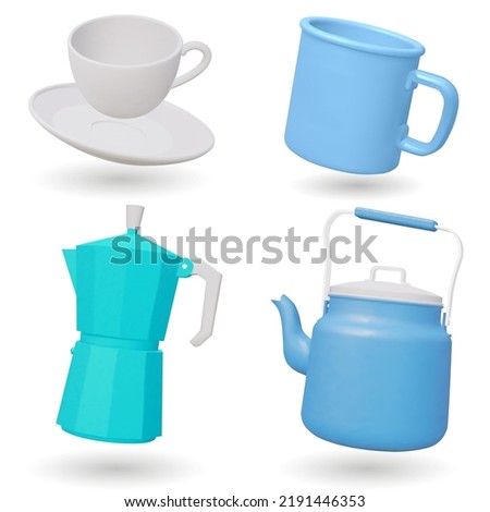 Set of kettle , camping mug, coffee maker and cup isolated on white background. 3D render Vector illustration.