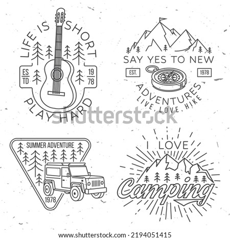 Set of camping badges. Vector illustration. Concept for shirt or logo, print, stamp or tee. Vintage line art typography design with compass, guitar, camping caravan car, tent, mountain and forest
