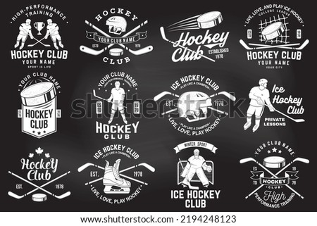 Ice Hockey club logo, badge design on chalkboard. Concept for shirt or logo, print, stamp or tee. Winter sport. Vintage typography design with player, sticker, puck helmet and skates silhouette