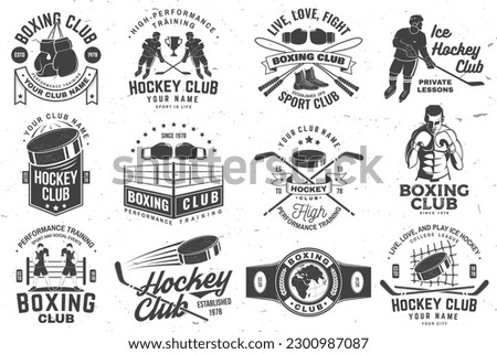 Set of Boxing club and Ice Hockey club badge, logo design. Vector. For Boxing and Ice Hockey club emblem, sign, patch, shirt, template. Sticker, patch with hockey player, sticker, puck , helmet