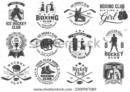 Set of Boxing club and Ice Hockey club badge, logo design. Vector. For Boxing and Ice Hockey club emblem, sign, patch, shirt, template. Sticker, patch with hockey player, sticker, puck , helmet