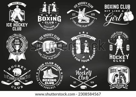 Set of Boxing club and Ice Hockey club badge, logo design on chalkboard. Vector. Sticker, patch with hockey player, sticker, puck , helmet, skates, Boxer, gloves, boxing jump rope and shoes Silhouette