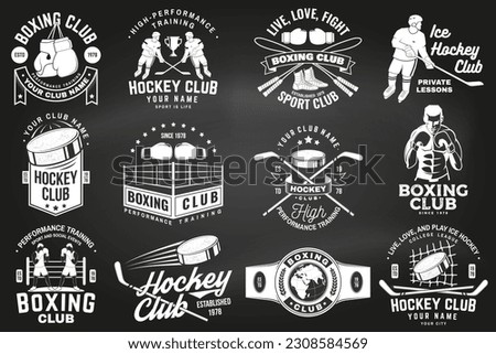 Set of Boxing club and Ice Hockey club badge, logo design on chalkboard. Vector. Sticker, patch with hockey player, sticker, puck , helmet, skates, Boxer, gloves, boxing jump rope and shoes Silhouette