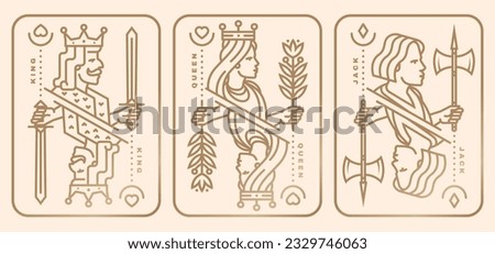 Set of playing card king, queen, jack. Vector illustration. Esoteric, magic Royal playing card king, queen, jack design collection. Line art minimalist style