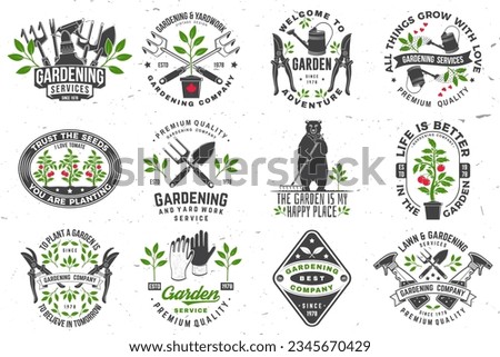 Set of gardening and yard work services emblem, label, badge, logo. Vector illustration. For sign, patch, shirt design with hand secateurs, garden pruner, watering can, bear with rake and gardening