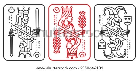 Set of playing card joker, queen, jack. Vector illustration. Esoteric, magic Royal playing joker, queen, jack design collection. Line art minimalist style