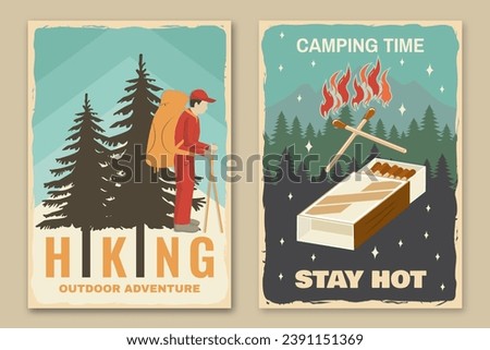 Set of camping retro posters. Vector illustration. Vintage typography design with backpacker, matches box, mountain, forest and matches stick