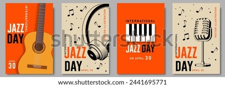 Jazz Day. Poster background template for music festival. Classical wooden guitar, piano keyboard, microphone event flyer design. April 30. International Jazz Day Celebration. Vector illustration.