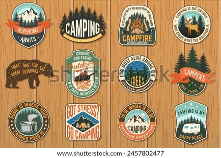 Set of Summer camp patches. Vector. Design with rv trailer, camping tent, forest, mountains, axe and campfire. The images are created without the use of any artificial intelligence software at any