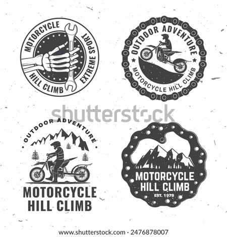 Set of motorcycle hill climb logos, badges, stickers. Vector. Extreme sport with motorbike for extreme jump and race in mountains, human skeleton hand holding wrench, man riding on a motorcycle.