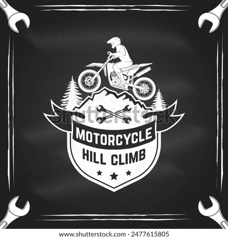 Motorcycle hill climb logo, badge, sticker on the chalkboard. Vector illustration. Extreme sport with motorbike for extreme jump and race in mountains. Monochrome style man riding in helmet on a