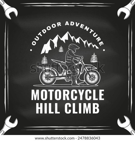 Motorcycle hill climb logo, badge, sticker on the chalkboard. Vector illustration. Extreme sport with motorbike for extreme jump and race in mountains. Monochrome style man riding in helmet on a