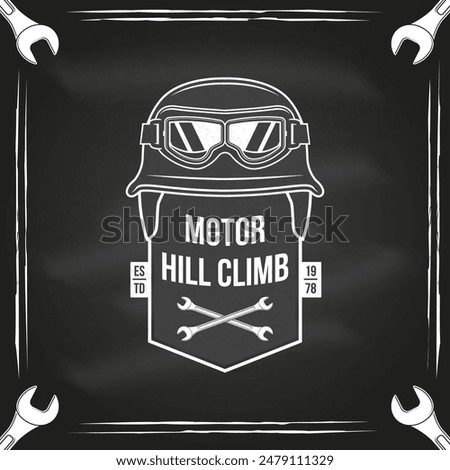 Motorcycle hill climb logo, badge, sticker on the chalkboard. Vector illustration. Extreme sport with motorcycle helmet, glasses and wrenches. Monochrome style