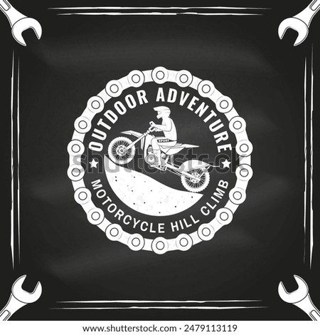 Motorcycle hill climb logo, badge, sticker on the chalkboard. Vector. Extreme sport with motorbike for extreme jump and race in mountains. Monochrome style man riding in helmet on a motorcycle