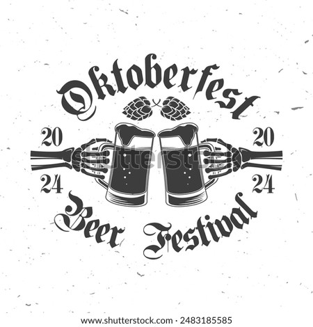 Oktoberfest, beer festival logo or badge design. Vector. October fest badges with skeleton hands holding beer mug and malt.