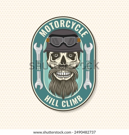 Motorcycle hill climb logo, badge, sticker. Vector. Extreme sport with motorcycle helmet, skull, glasses and wrenches