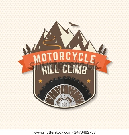 Motorcycle hill climb logo, badge, sticker. Vector. Extreme sport with motorcycle wheel and mountains