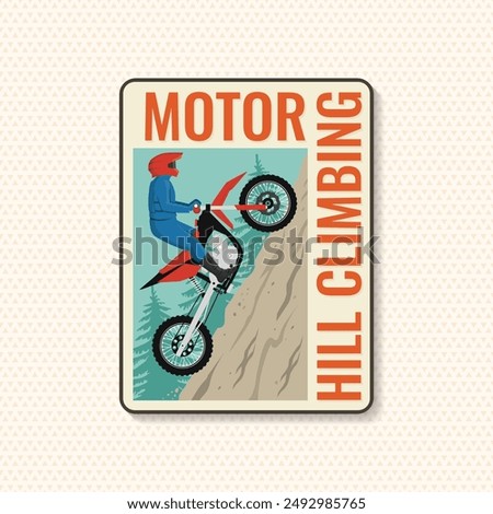 Motorcycle hill climb logo, badge, sticker. Vector. Extreme sport with motorbike for extreme jump and race in mountains