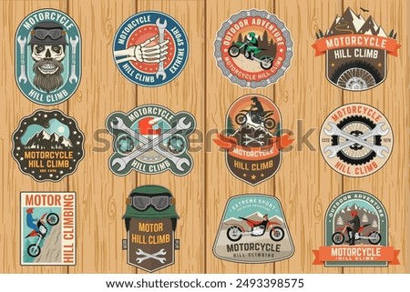 Set of motorcycle hill climb logos, badges, stickers. Vector. Extreme sport with motorbike for extreme jump and race in mountains