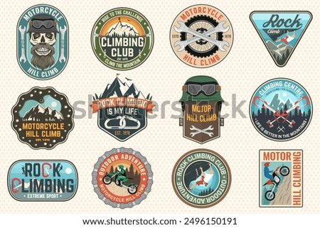 Set of motorcycle hill climb and Rock Climbing club badges stickers. Vector. Extreme sport with climber, carabiner, motorbike for extreme jump and race in mountains