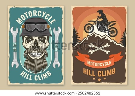 Set of motorcycle hill climb retro posters. Vector. Extreme sport with motorcycle helmet, skull, glasses, bike, mountain and wrenches