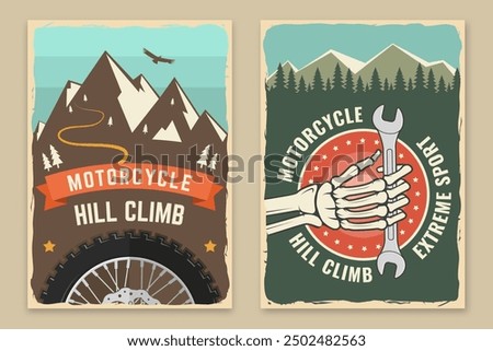 Set of motorcycle hill climb retro posters. Vector. Extreme sport with human skeleton hand holding wrench and mountains