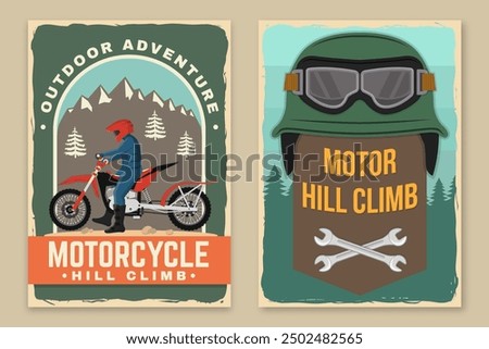 Set of motorcycle hill climb retro posters. Vector. Extreme sport with motorbike for extreme jump and race in mountains