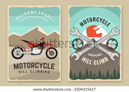 Set of motorcycle hill climb retro posters. Vector. Extreme sport with motorbike, motorcycle helmet, chains, brake disc and wrenches