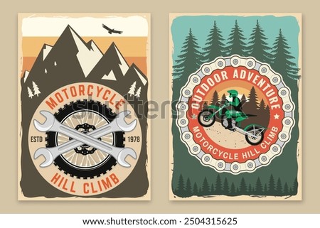 Set of motorcycle hill climb retro posters. Vector. Extreme sport with motorbike for extreme jump and race in mountains