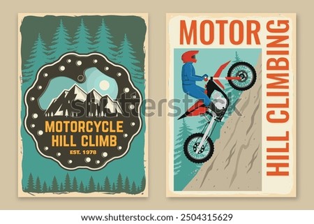 Set of motorcycle hill climb retro posters. Vector. Extreme sport with motorbike, motorcycle helmet, chains, brake disc and wrenches