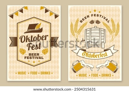 Set of Oktoberfest retro posters. Vector. Beer mug, German traditional hat, Beer barrel with malt and barley ear.