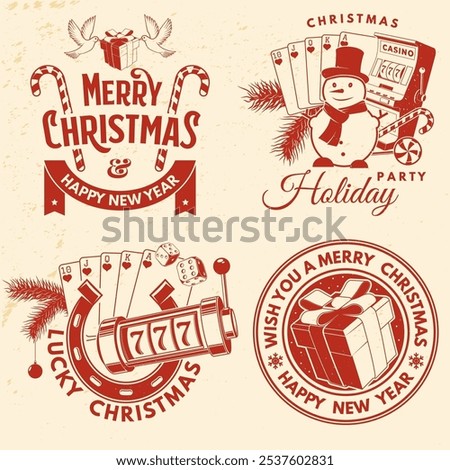 Set of Lucky Christmas casino night. Vintage print, logo, badge design with doves holding gift box, casino dice, snowman, poker playing card, slot machines and sweet candy cane. Vector.