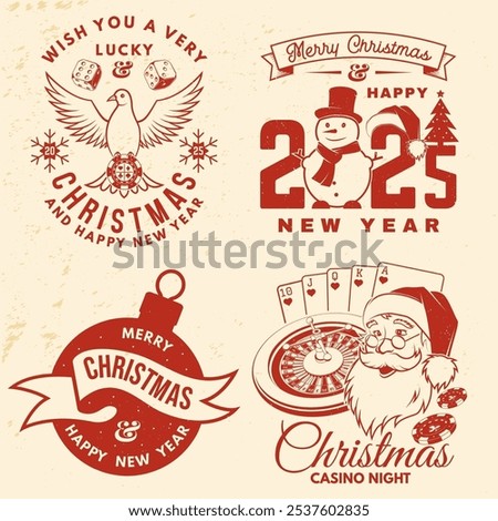 Set of Lucky Christmas casino night. Gambling vintage print, logo, badge design with santa claus, poker playing card, dove holding casino chips, classic casino play-roulette. Vector illustration.