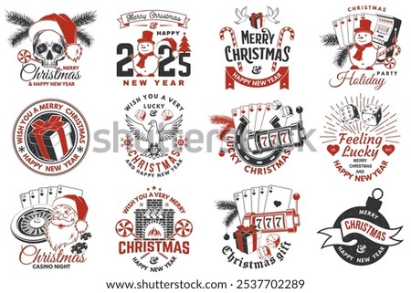 Set of Lucky Christmas casino night. Vintage print, logo, badge design with santa claus, casino dice, snowman, poker playing card, slot machines and sweet candy cane. Vector illustration.