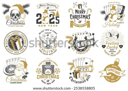 Set of Lucky Christmas casino night. Vintage print, logo, badge design with santa claus, casino dice, snowman, poker playing card, slot machines and sweet candy cane. Vector illustration.