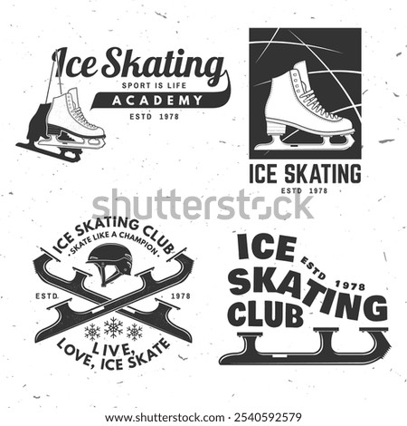 Set of Ice Skate club, academy logo, badge design. Concept for shirt or logo, print, stamp or tee with skate, skates blades and helmet . Winter sport. Vector illustration.