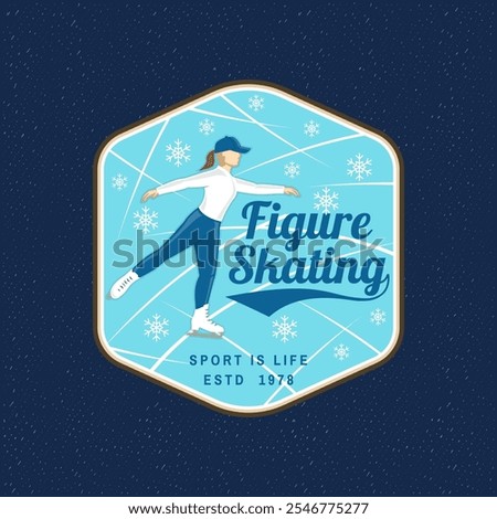 Ice Skate club logo, badge, patch design. Concept for shirt or logo, print, stamp or tee with ice skater girl. Winter sport. Vector illustration.