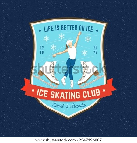 Ice Skate club logo, badge, patch design. Concept for shirt or logo, print, stamp or tee with ice skater girl. Winter sport. Vector illustration.