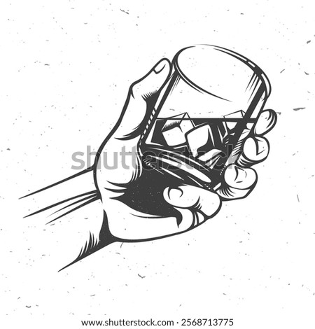 Retro Male hand holding glass whiskey with ice. Vector illustration. Hand drawn design element. For logo design, patches, stickers