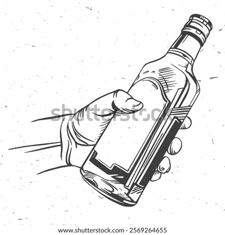 Retro Male hand holding bottle of scotch whisky or brandy. Vector illustration. Hand drawn design element bottle of scotch whisky or brandy. For logo design, patches, stickers