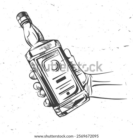 Retro Male hand holding bottle of scotch whisky or brandy. Vector illustration. Hand drawn design element bottle of scotch whisky or brandy. For logo design, patches, stickers