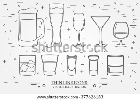 Glasses for alcoholic drinks. Beverage, cocktail, drinks vector thin line symbol icon. Beer, wine, cognac, vodka, whiskey, tequila, bourbon emblems. Vector illustration.