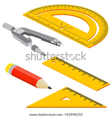 Set of Isometric measuring tools: rulers, triangles, protractor, pencil and pair of compasses . Vector school instruments isolated on white background. 