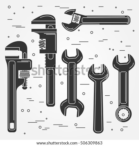Set of flat wrench icon. Vector illustration. Silhouettes of tools. Set include Adjustable, Pipe and Gear Wrenches.